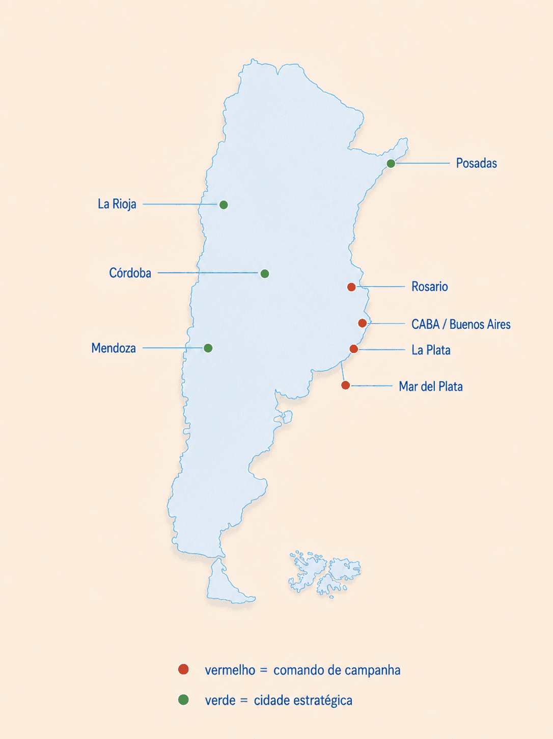 Mapa da Argentina com comandos de campanha e cidades estratégicas
